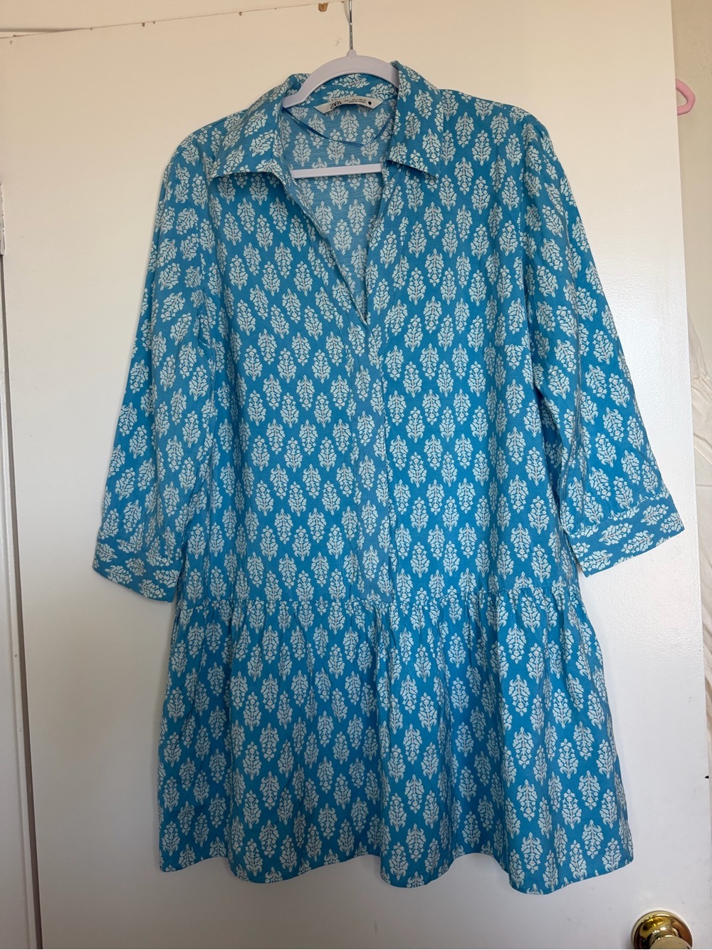 Zara Teal Blue Printed Tunic Dress - White Motif size L